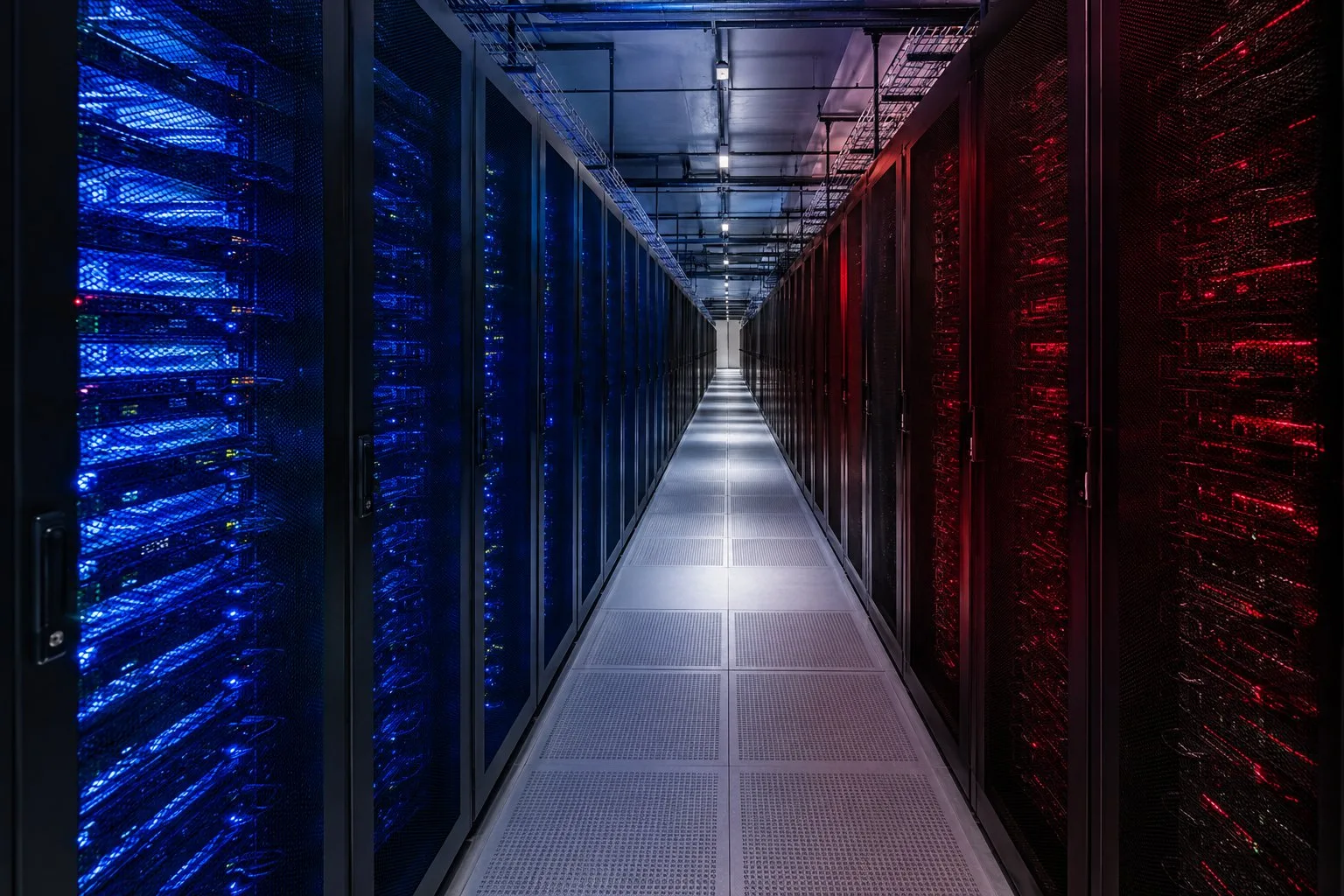 Corredor de data center com racks de servidores iluminados
