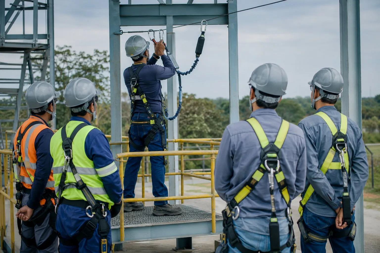 Trabalhadores em treinamento de trabalho em altura usando cinto e talabarte